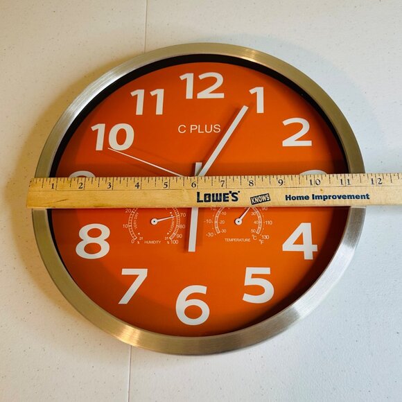 Orange Wall Clock With Temperature & Humidity Non Ticking Silent Battery Operate - Picture 5 of 11
